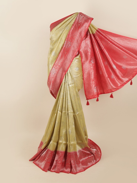

Pothys Cream-Coloured & Pink Ethnic Motifs Beads and Stones Silk Blend Saree