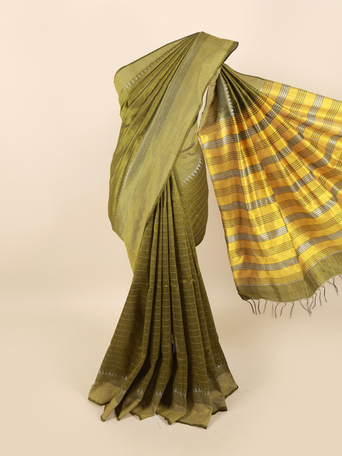 

Pothys Green & Yellow Striped Zari Jute Silk Saree