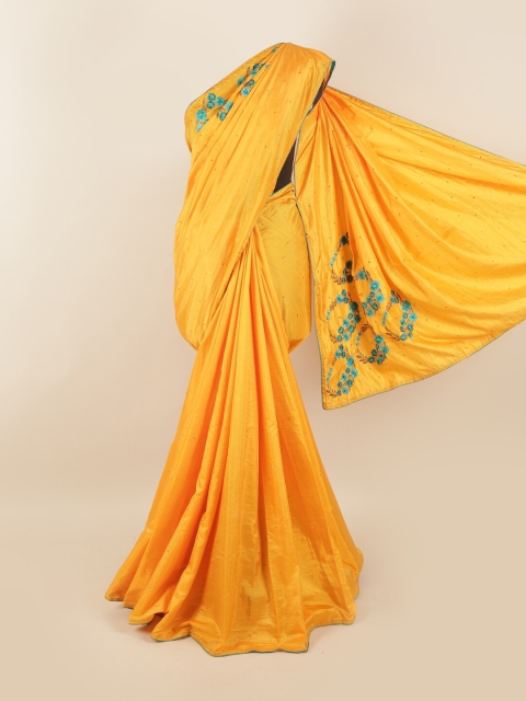 

Pothys Yellow & Turquoise Blue Embellished Embroidered Silk Blend Saree