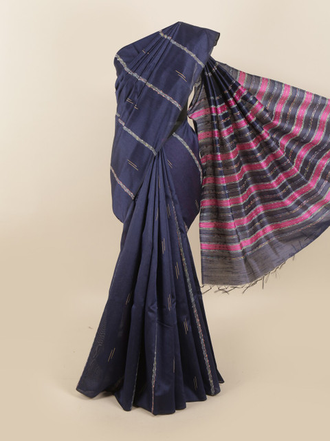 

Pothys Navy Blue & Pink Striped Embroidered Jute Silk Saree