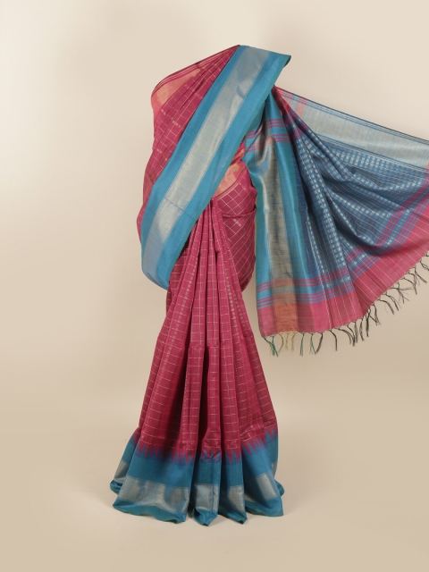 

Pothys Pink & Blue Checked Zari Jute Silk Saree