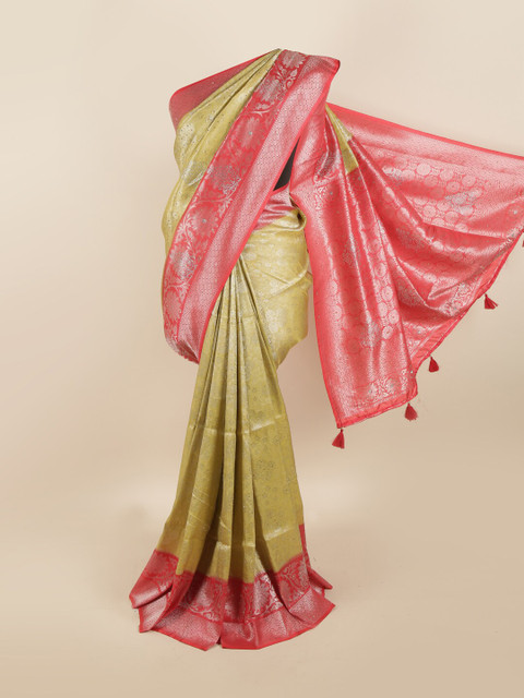 

Pothys Cream-Coloured & Pink Ethnic Motifs Beads and Stones Silk Blend Saree