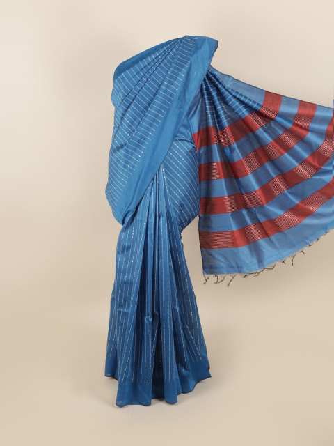 

Pothys Blue & Maroon Striped Sequinned Jute Silk Saree