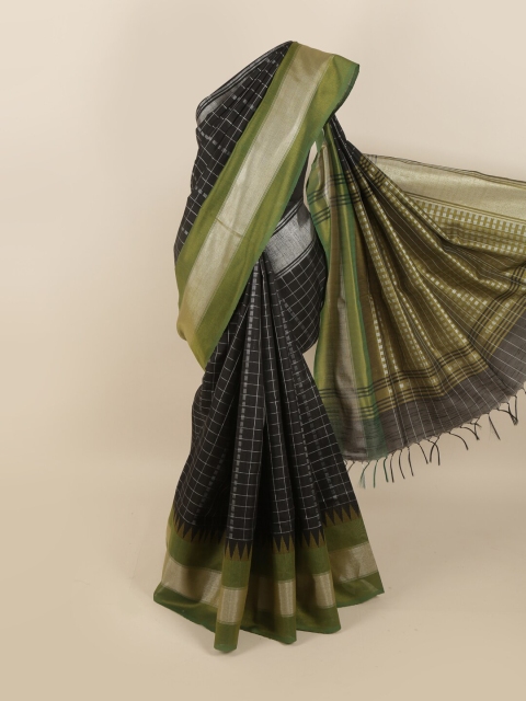 

Pothys Black & Green Checked Zari Jute Silk Saree