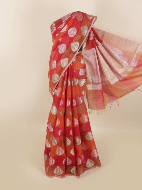 

Pothys Red & Silver-Toned Ethnic Motifs Beads and Stones Saree