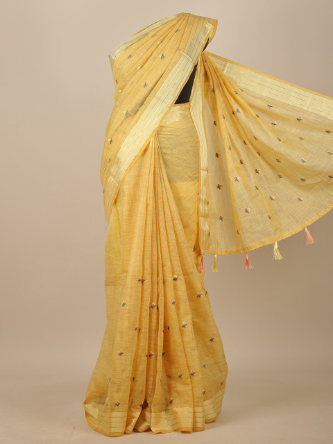 

Pothys Yellow & Blue Floral Embroidered Chanderi Saree