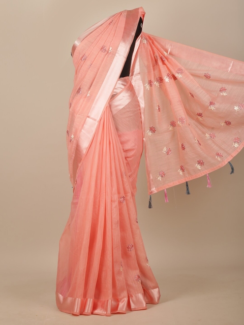 

Pothys Pink & Silver-Toned Floral Embroidered Chanderi Saree