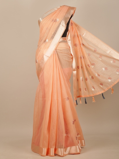 

Pothys Peach-Coloured & Orange Floral Embroidered Chanderi Saree