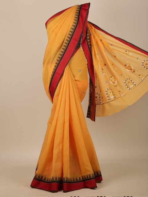 

Pothys Mustard & Red Floral Embroidered Chanderi Saree