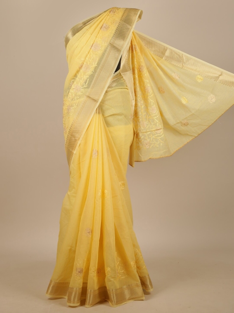 

Pothys Yellow & Gold-Toned Floral Embroidered Chanderi Saree