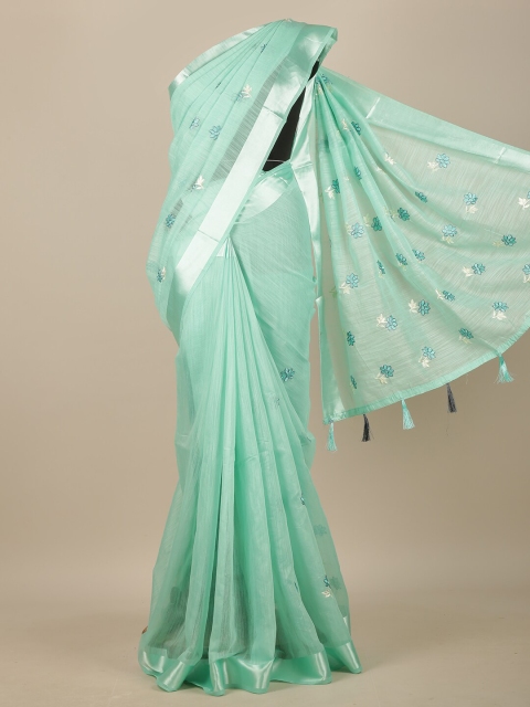 

Pothys Green & Silver-Toned Floral Embroidered Chanderi Saree