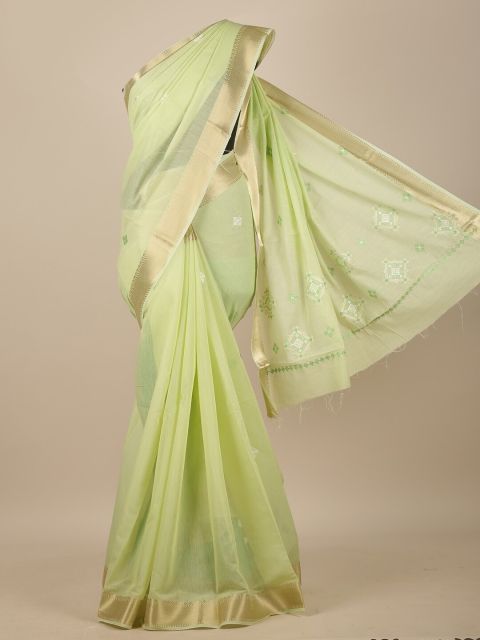 

Pothys Green & Gold-Toned Floral Embroidered Chanderi Saree