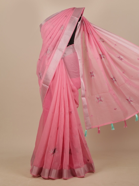 

Pothys Pink & Silver-Toned Floral Embroidered Chanderi Saree