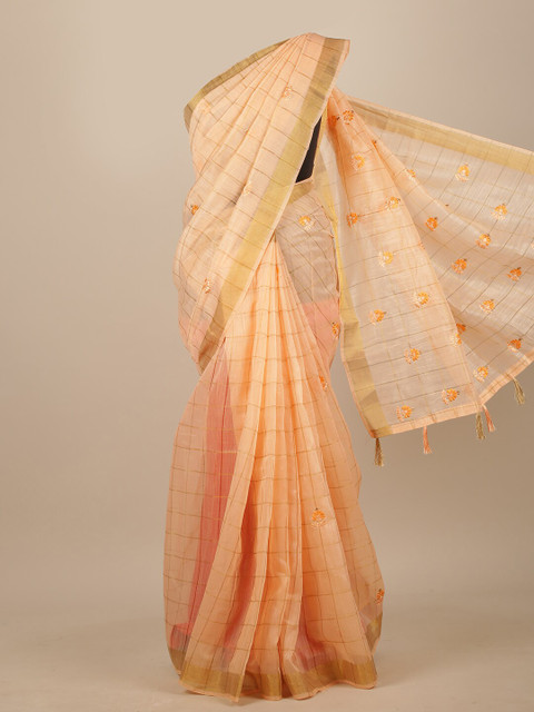 

Pothys Peach-Coloured & Orange Striped Embroidered Chanderi Saree