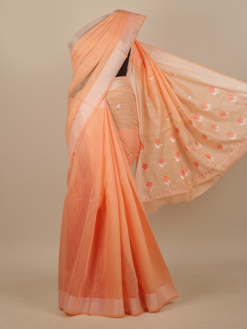 

Pothys Peach-Coloured & Silver-Toned Floral Embroidered Chanderi Saree