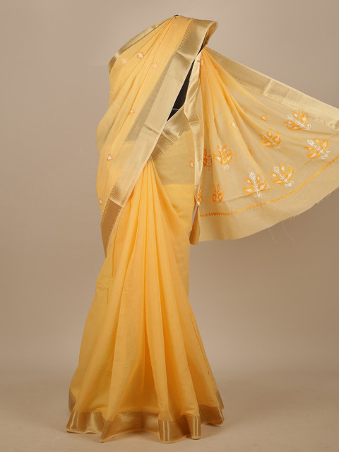 

Pothys Yellow & Gold-Toned Floral Embroidered Chanderi Saree