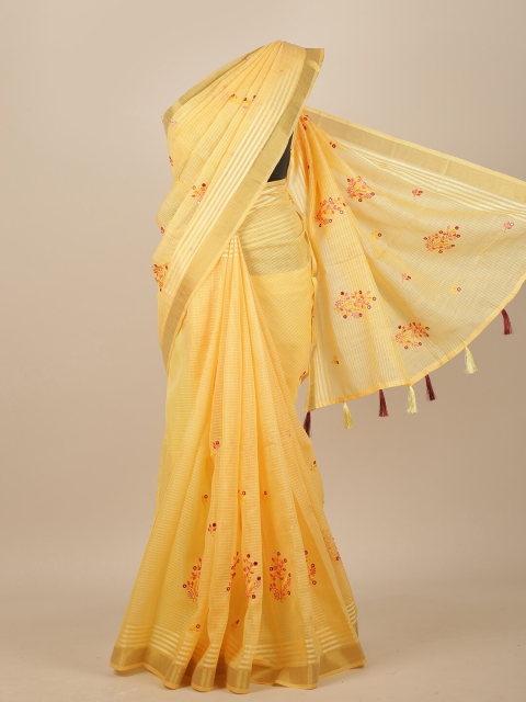 

Pothys Yellow & Red Floral Embroidered Chanderi Saree