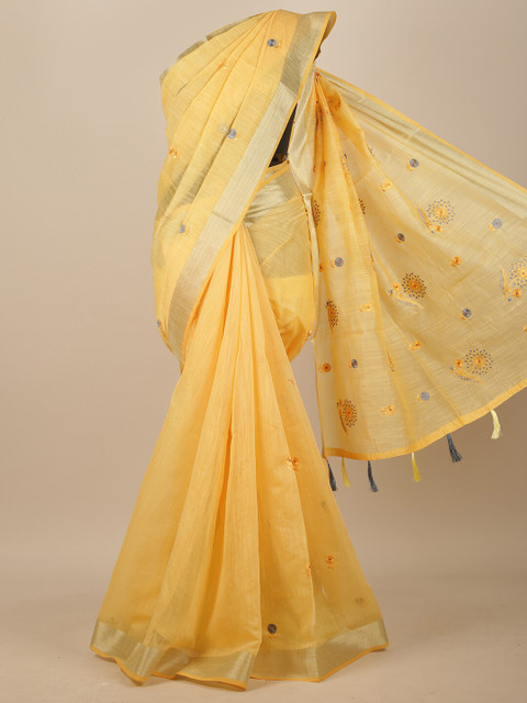 

Pothys Yellow & Blue Floral Embroidered Chanderi Saree