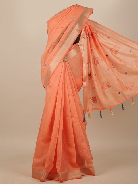 

Pothys Peach-Coloured & Blue Floral Embroidered Chanderi Saree