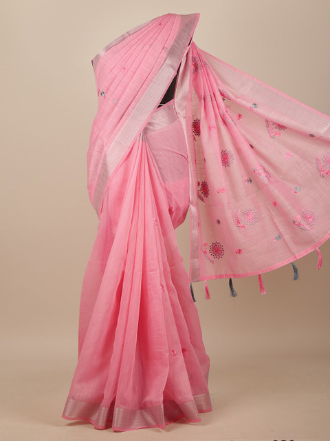 

Pothys Pink & Silver-Toned Floral Embroidered Chanderi Saree