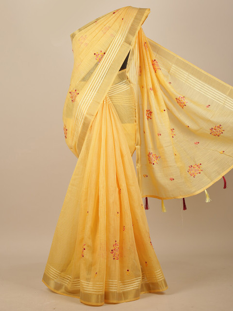 

Pothys Yellow & Gold-Toned Floral Embroidered Chanderi Saree