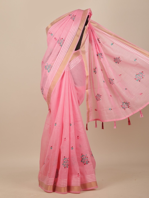 

Pothys Pink & Turquoise Blue Floral Embroidered Chanderi Saree