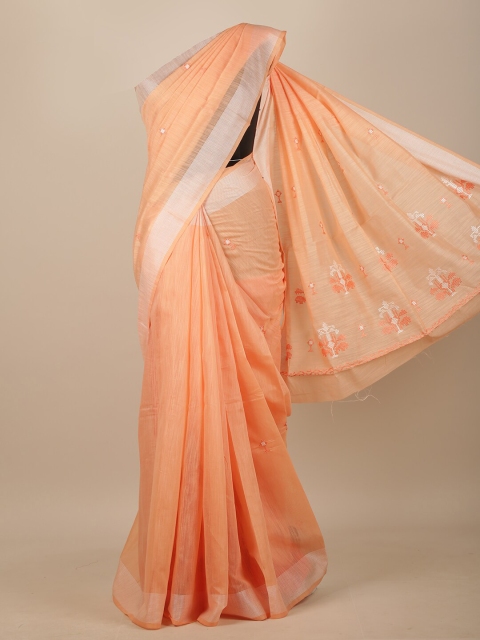 

Pothys Orange & Silver-Toned Floral Embroidered Chanderi Saree