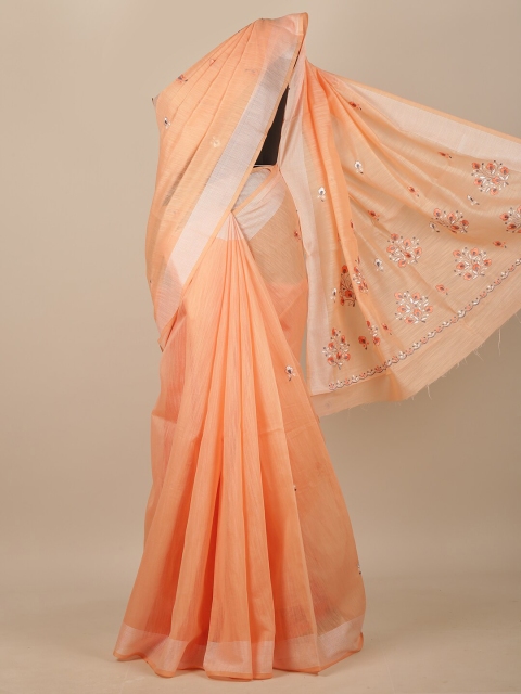 

Pothys Peach-Coloured & Silver-Toned Floral Embroidered Chanderi Saree