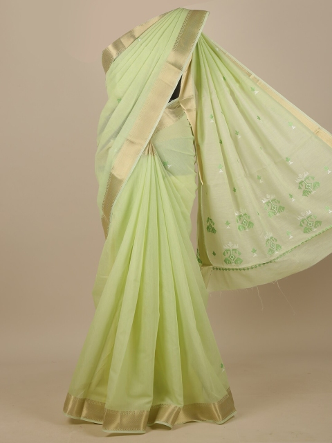 

Pothys Green & Gold-Toned Floral Embroidered Chanderi Saree