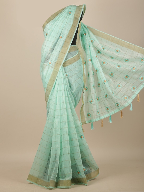 

Pothys Green & Tan Floral Embroidered Chanderi Saree