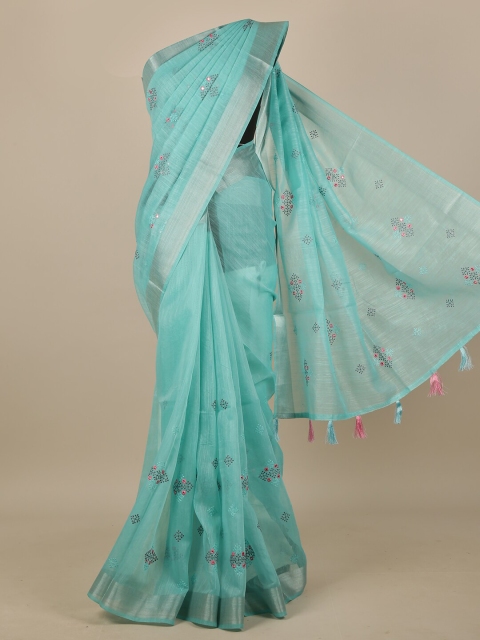 

Pothys Blue & Silver-Toned Ethnic Motifs Embroidered Chanderi Saree