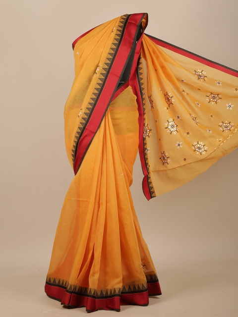 

Pothys Mustard & Red Floral Embroidered Chanderi Saree