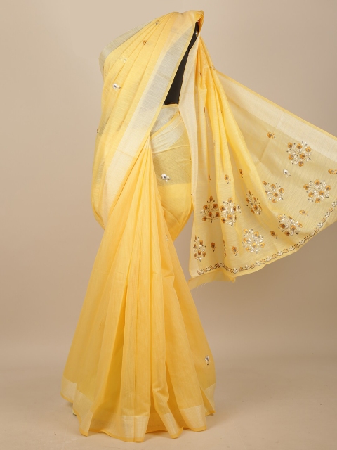 

Pothys Yellow & Silver-Toned Floral Embroidered Chanderi Saree