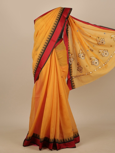 

Pothys Mustard & Red Ethnic Motifs Embroidered Chanderi Saree