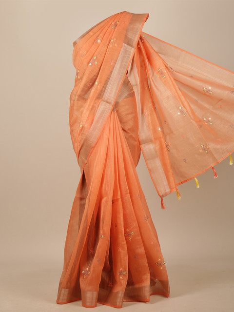 

Pothys Peach-Coloured & Silver-Toned Floral Mirror Work Chanderi Saree