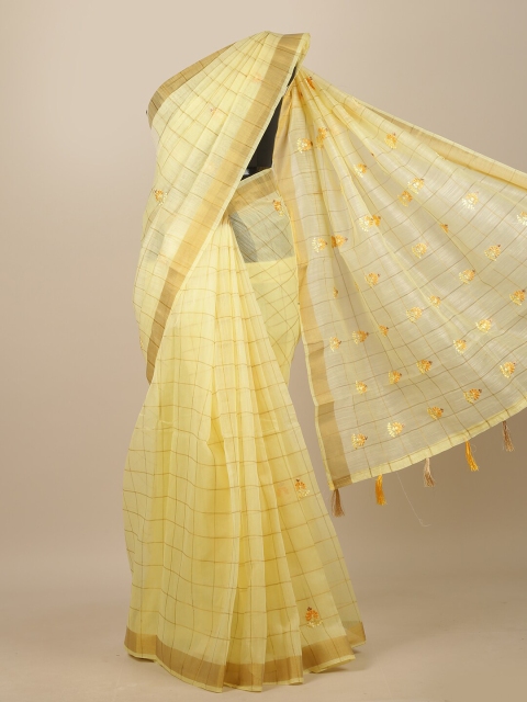 

Pothys Yellow & Gold-Toned Checked Embroidered Chanderi Saree