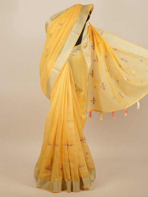 

Pothys Yellow & Grey Floral Mirror Work Chanderi Saree