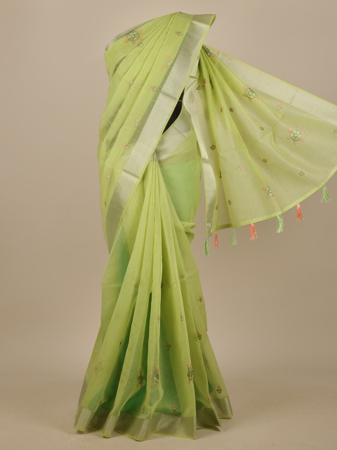 

Pothys Green & Orange Floral Embroidered Chanderi Saree