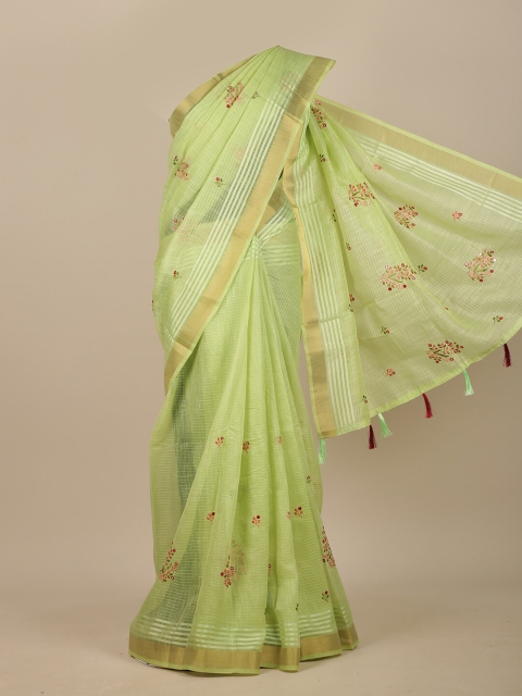 

Pothys Green & Red Checked Embroidered Chanderi Saree