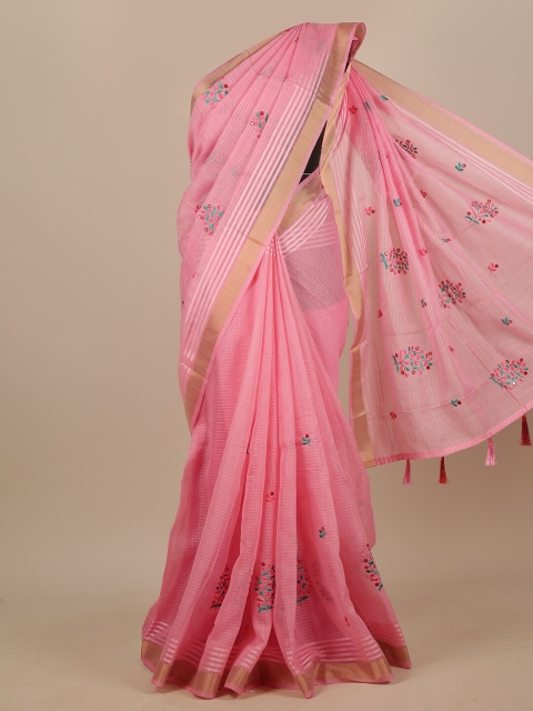 

Pothys Pink & Blue Floral Embroidered Chanderi Saree