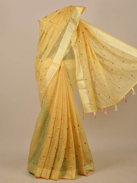 

Pothys Yellow & Purple Floral Embroidered Chanderi Saree
