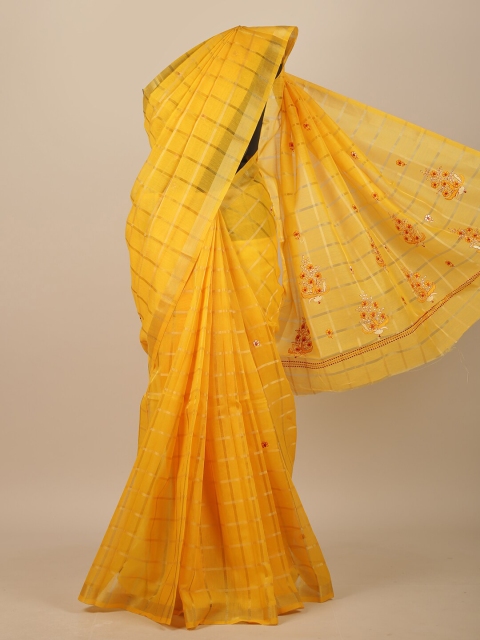 

Pothys Yellow & Yellow Checked Embroidered Chanderi Saree