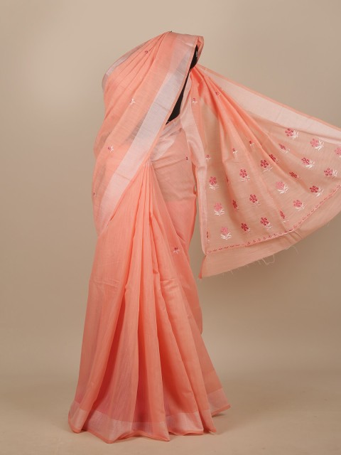 

Pothys Peach-Coloured Floral Embroidered Chanderi Saree