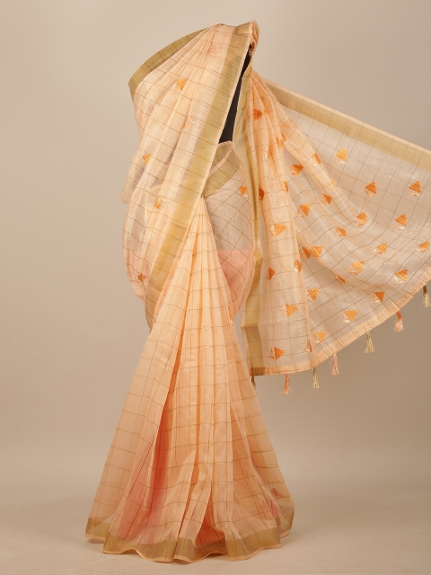 

Pothys Peach-Coloured & Yellow Floral Embroidered Chanderi Saree