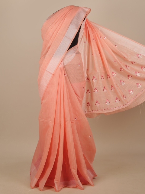

Pothys Peach-Coloured & Silver-Toned Floral Embroidered Chanderi Saree
