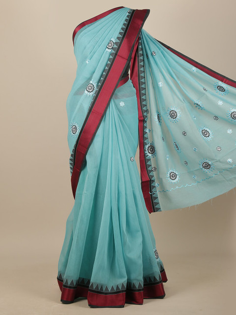 

Pothys Blue & Maroon Floral Embroidered Chanderi Saree
