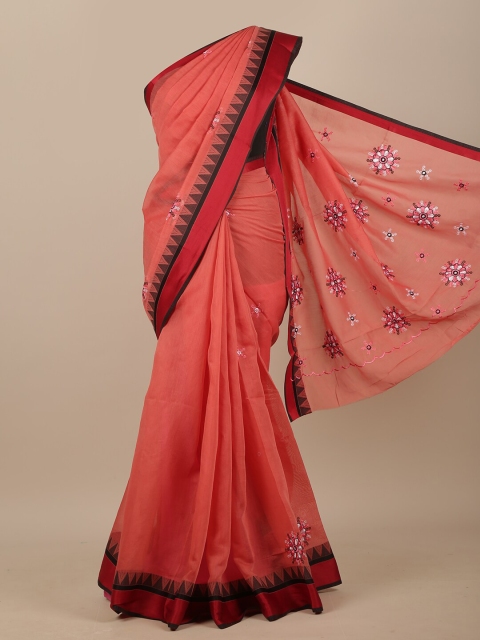 

Pothys Pink & Black Floral Embroidered Chanderi Saree