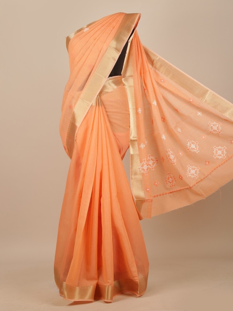 

Pothys Orange & Peach-Coloured Embroidered Chanderi Saree