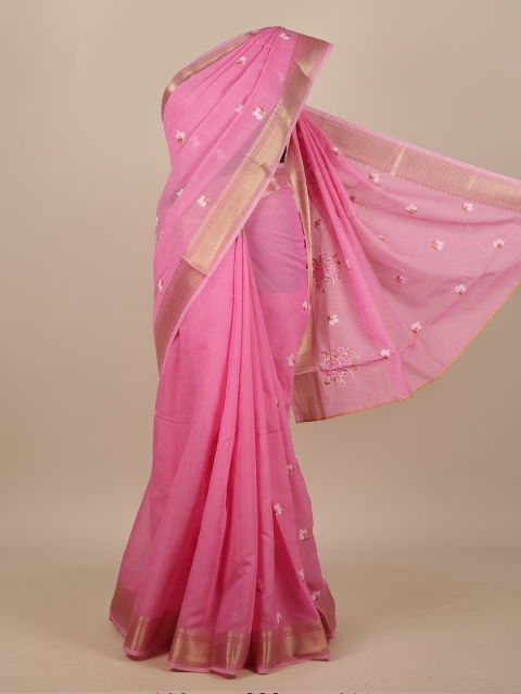 

Pothys Pink & White Floral Embroidered Chanderi Saree
