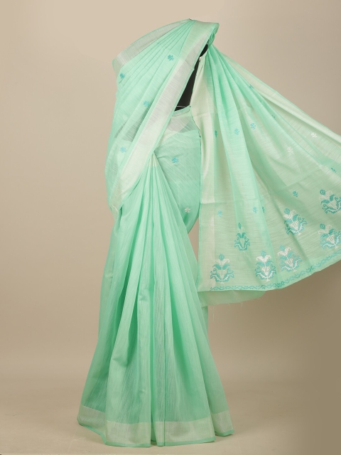 

Pothys Green & Silver-Toned Floral Embroidered Chanderi Saree